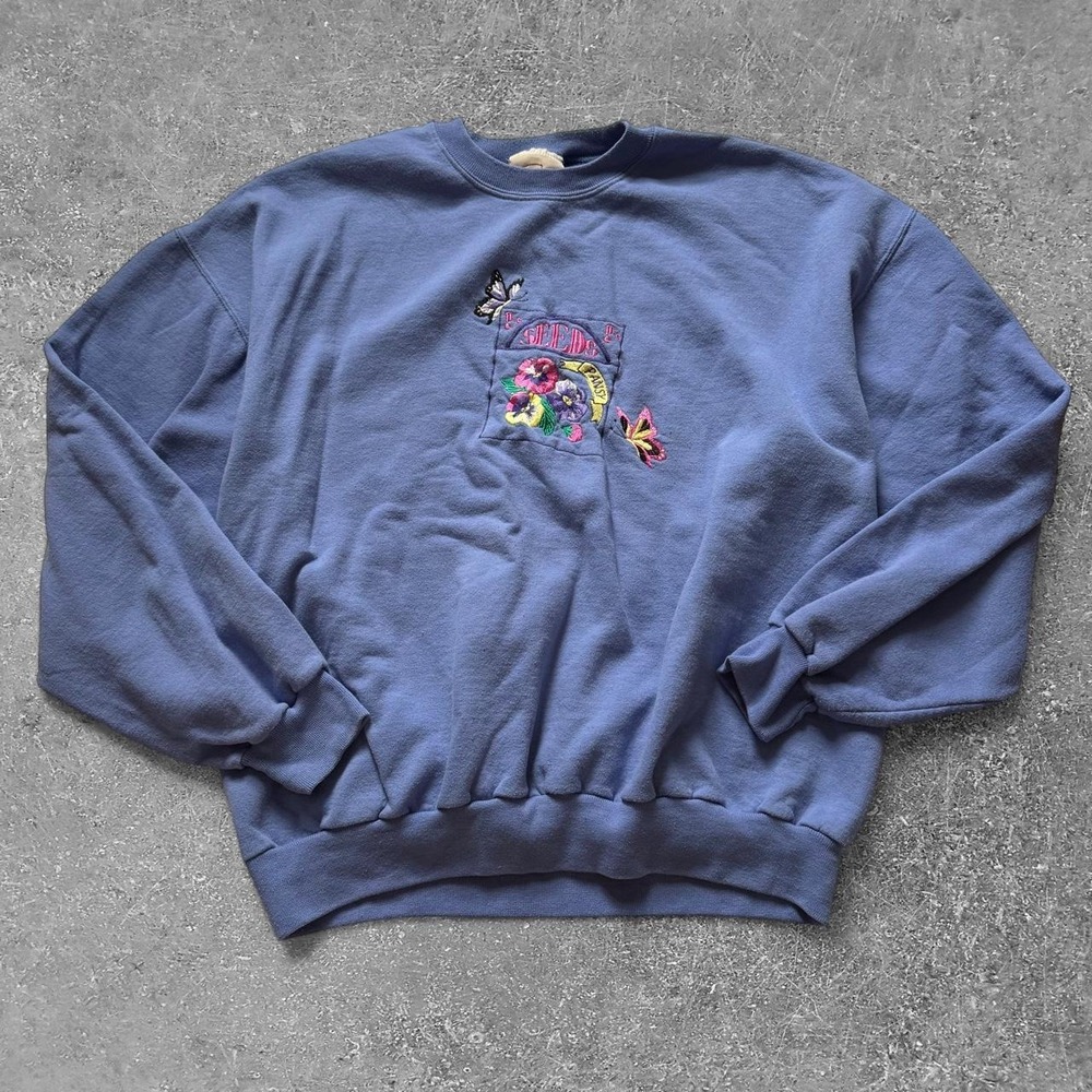 Peanut Butter & Jelly Seeds Pansy Blue Embroidered Floral Sweatshirt XL